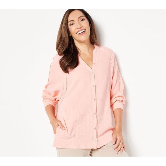 Anybody Gauze Raglan Tunic Buttons Women's Top Sz M Orange - Picture 2 of 11